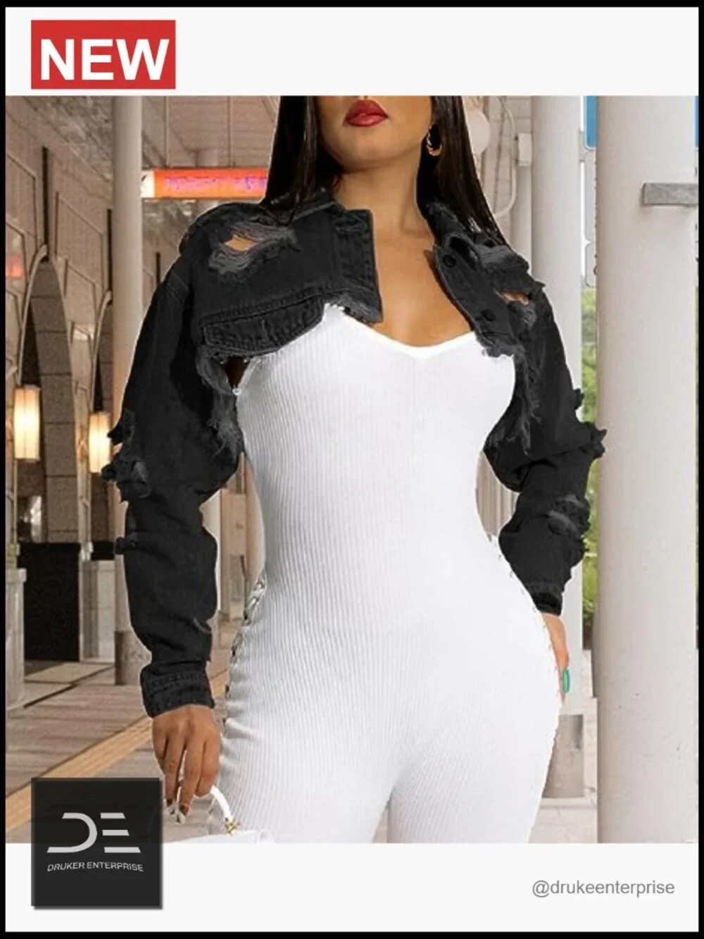 Cropped Denim Jacket Long Sleeve Ripped Destroyed Jean Jacket